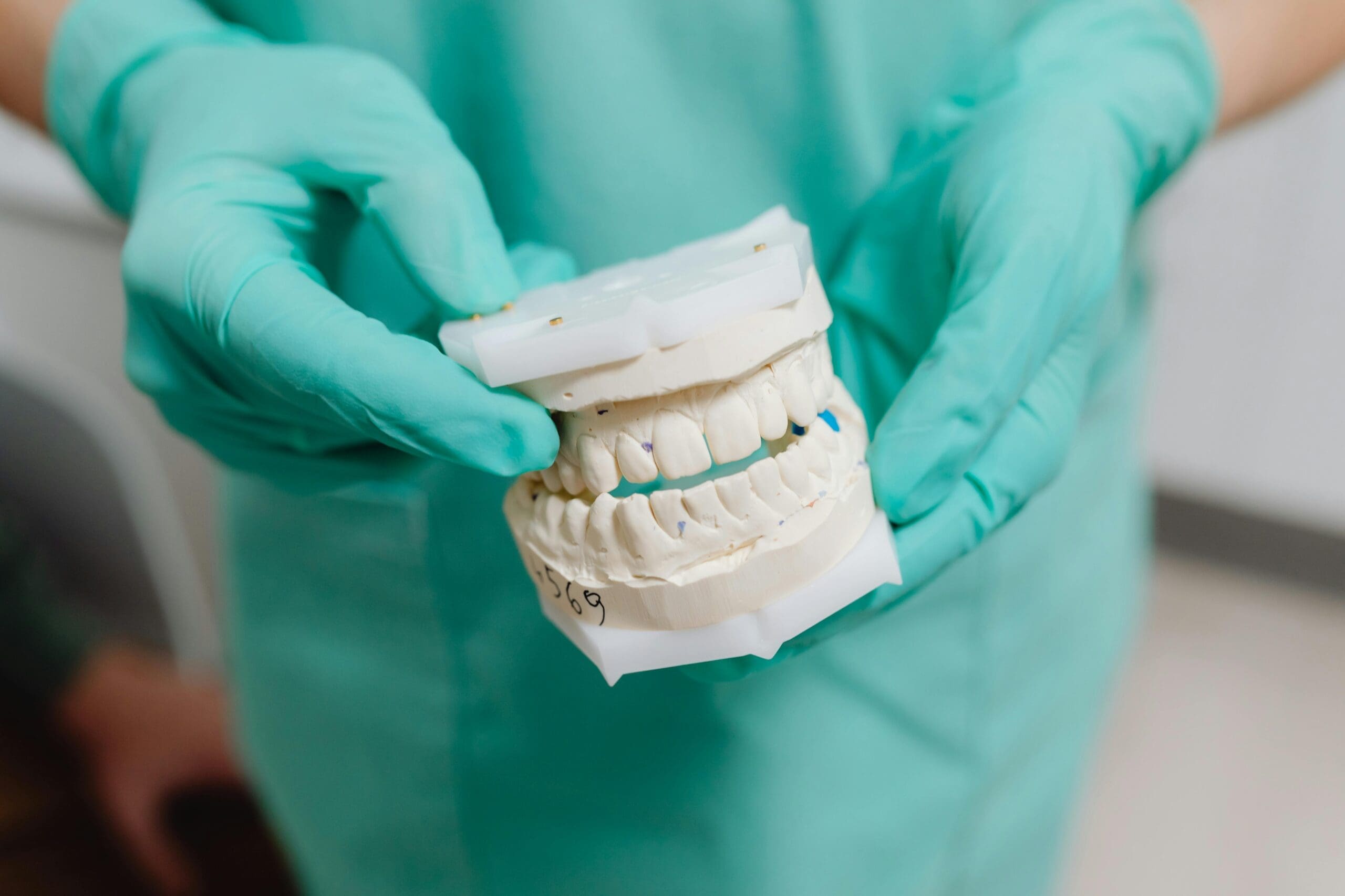 Dentist showcasing a teeth model for smile makeover treatment in Albuquerque.